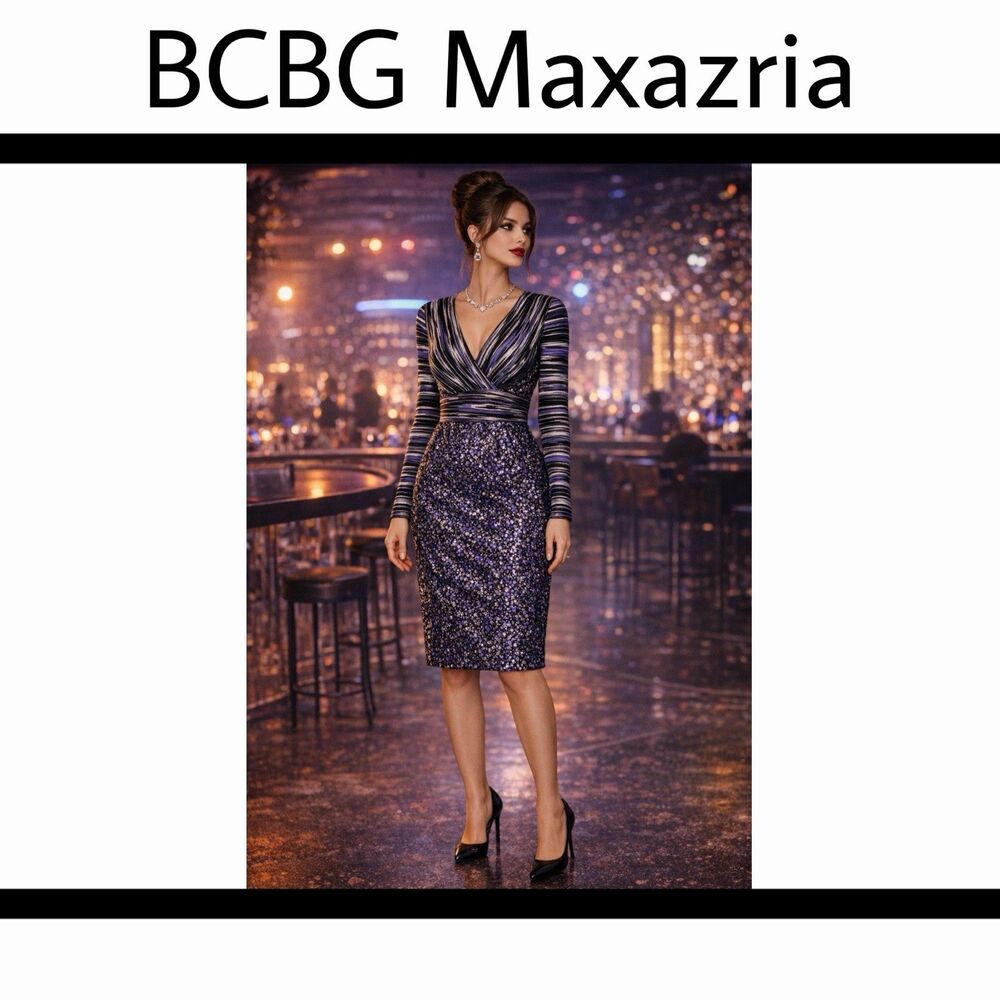 BCBG Maxazria Faux Wrap Abstract Dress Long Sleeve Knee Length XS